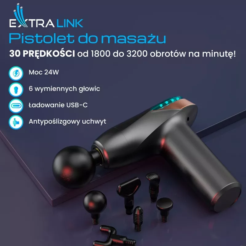 Pistola de masaje Extralink MSG-02-LITE 3200 rpm 6 accesorios