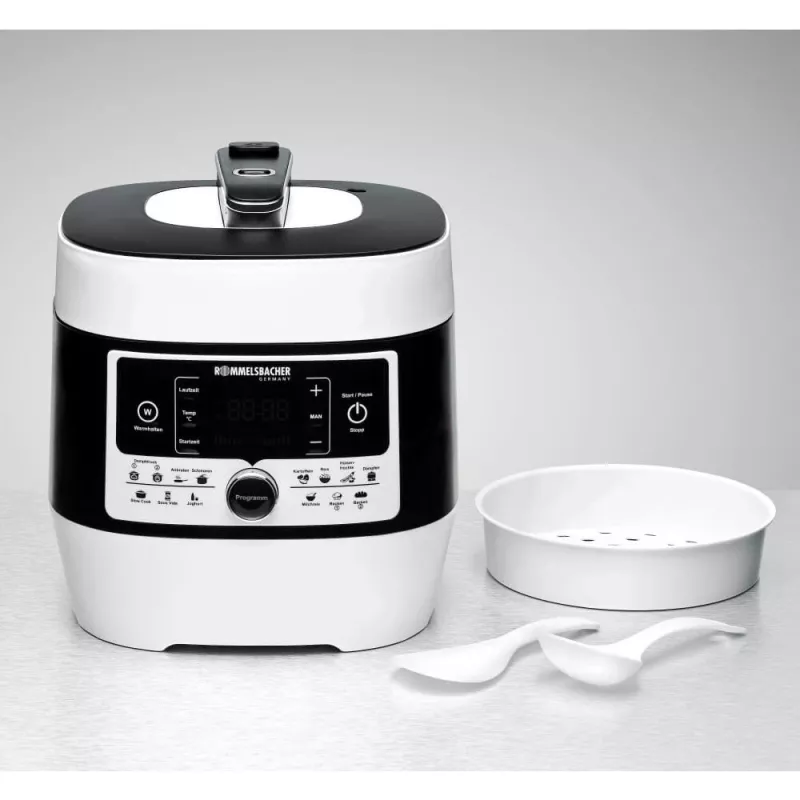 Olla a presión eléctrica Rommelsbacher MD 1000 – 4 l, 1000 W, 14 programas, blanco/negro
