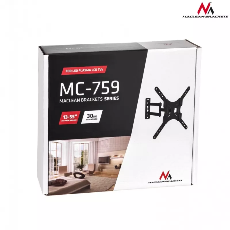 Soporte de pared para TV Maclean MC-759 para pantallas de 13–55 pulgadas, capacidad de carga 30 kg, VESA 75x75–400x400, inclinable y profundidad ajustable