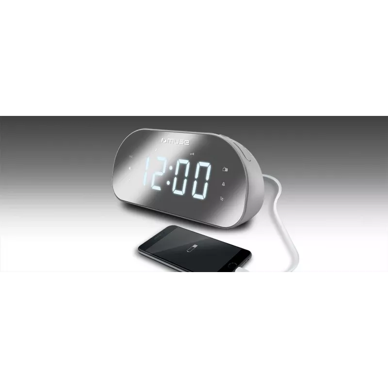 Radio reloj Muse M-170CMR — radio reloj digital, pantalla LED de 1,2 pulgadas, FM, AC 230V, respaldo AAA, espejo/blanco