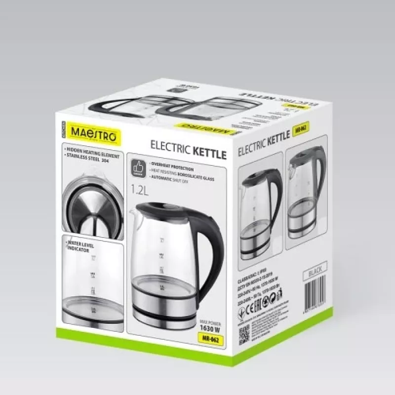 Maestro MR-062-BLACK hervidor eléctrico de cristal, 1630 W, 1,2 L
