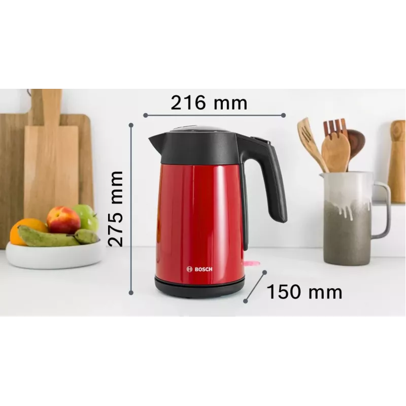 Hervidor eléctrico Bosch TWK7L464 – capacidad 1,7 L, 2400 W, rojo, carcasa de plástico