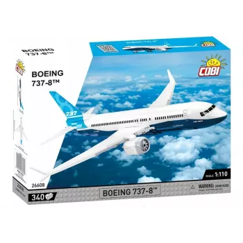 Set de construcción Cobi Boeing 737-8 — 340 piezas, edad recomendada 7+, azul y blanco
