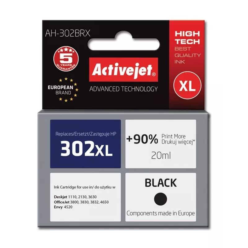 Activejet AH-302BRX Tinta (sustituto de HP 302XL F6U68AE; Premium; 20 ml; negro)