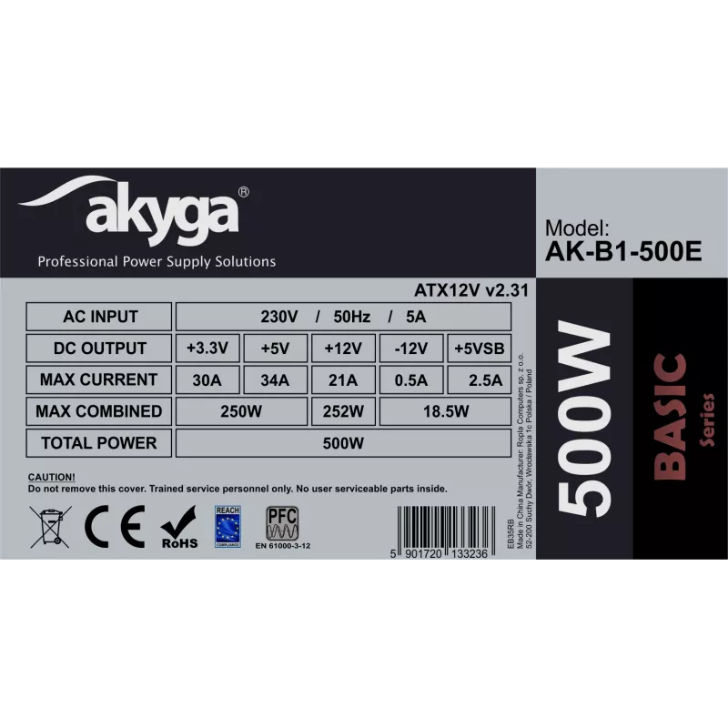Fuente de alimentación ATX Akyga AK-B1-500E Basic 500 W, PFC pasivo, ventilador de 120 mm, gris