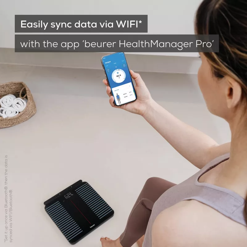 Báscula de diagnóstico Beurer BF 990 con módulo de mano, Wi-Fi/Bluetooth, pantalla digital de matriz de puntos, versión LED, hasta 180 kg, negra (10379)