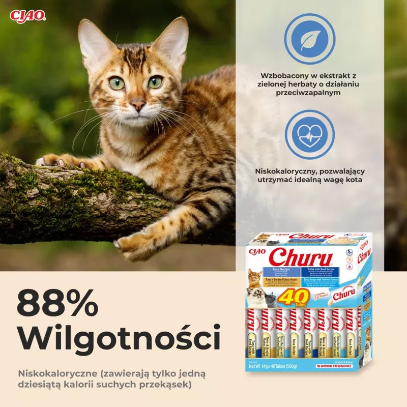 Snacks húmedos para gatos INABA Churu caja surtida atún con marisco — 40 sobres de pasta de 14 g, sin cereales, sin azúcar