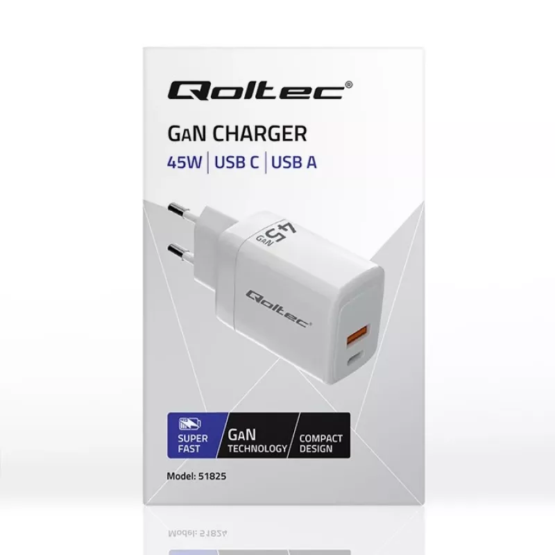Cargador GaN 45W 5V 20V 1,5A 3A, 1x USB-C PD, 1x USB-A