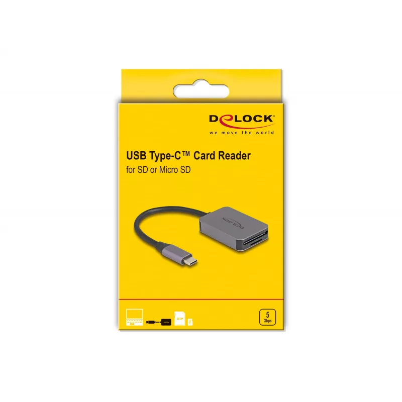 Lector de tarjetas DeLOCK USB Type-C aluminio SD Micro SD 5000 Mbit/s