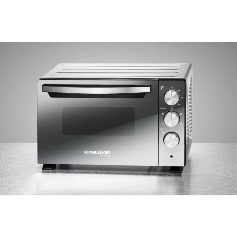 Mini horno Rommelsbacher BGS 1400, 18 L, 230 °C, 5 modos de cocción, asador giratorio, plateado/negro