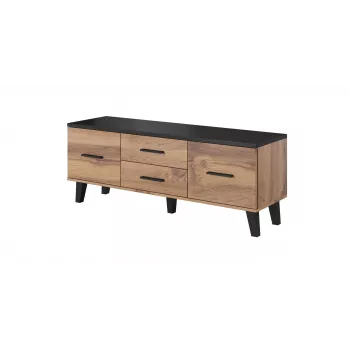 Mueble de TV Cama Meble LOTTA 140 cm — marco roble wotan, superficie de tablero de partículas negra, 1400×400×530 mm