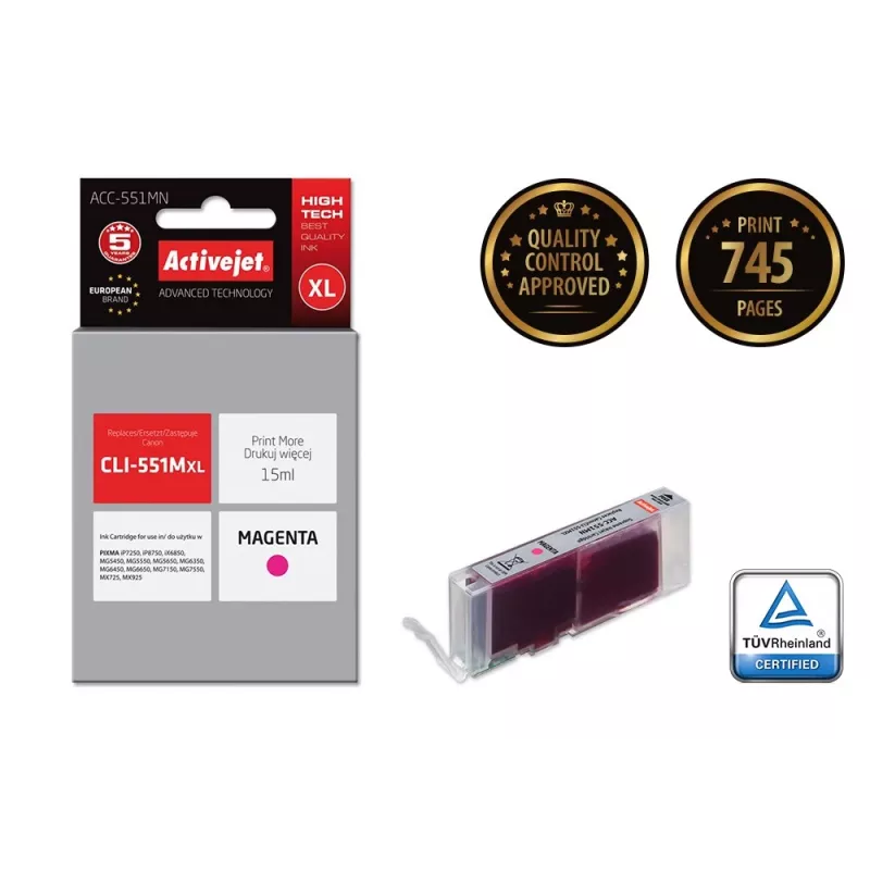 Activejet ACC-551MN cartucho de tinta (sustituto de Canon CLI-551M; Supreme; 15 ml; magenta)