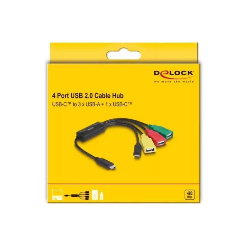 Hub USB DeLOCK 4 puertos USB 2.0 con cable USB Type-C a 3 x USB-A hembra + 1 x USB-C macho