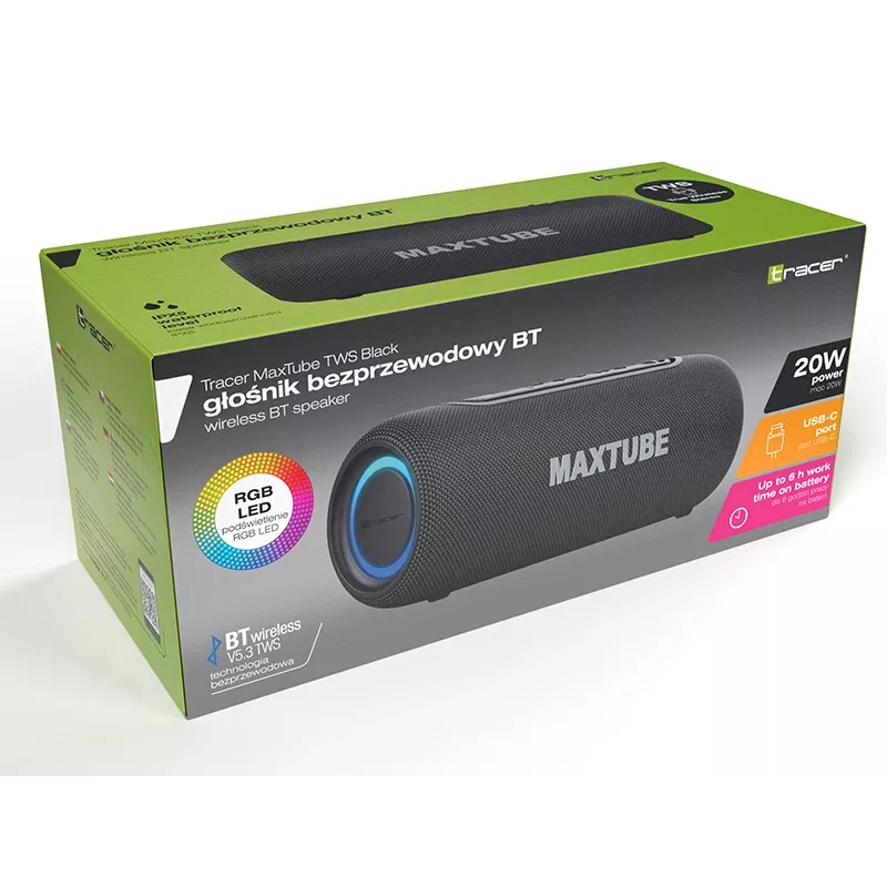 Altavoz TRACER MaxTube 20W TWS Bluetooth, negro — sonido inalámbrico portátil, sonido estéreo