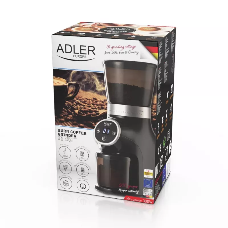 Molino de café profesional, muelas de acero, 31 ajustes de molienda, Café 90g/m, Adler, AD4450, 300, negro