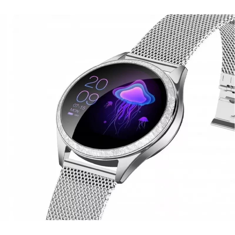 Smartwatch ORO-MED ORO-SMART CRYSTAL SILVER — caja redonda de metal, LCD 240 × 198, pantalla de 1,04 pulgadas, Bluetooth 4.0, sumergible, batería de 120 mAh