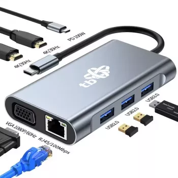 HUB 8en1 Adaptador USB C HDMI x2 USB VGA RJ45 PD