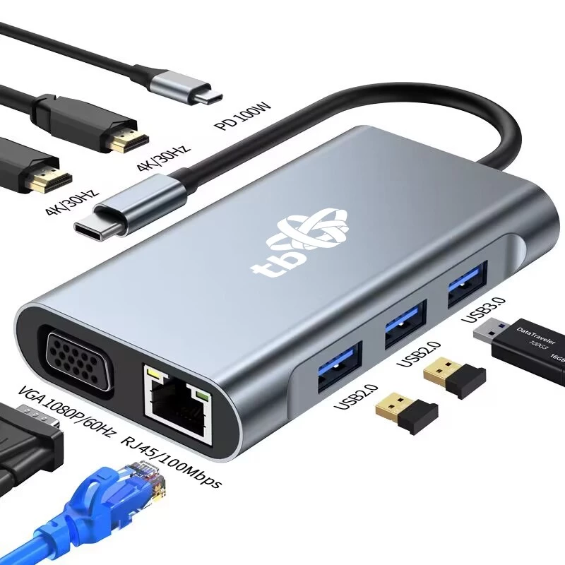 HUB 8en1 Adaptador USB C HDMI x2 USB VGA RJ45 PD