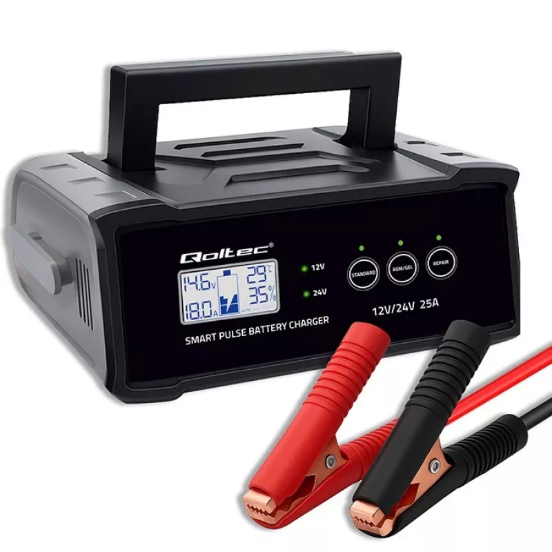 Cargador de baterías QOLTEC 52514 — 12V/24V, 25A, para baterías AGM/GEL/SLA con pantalla LCD