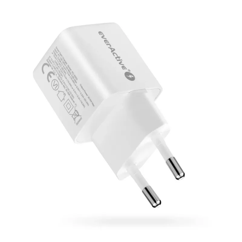Cargador de pared everActive SC-330Q con 1x USB-A y 1x USB-C, 20W, blanco