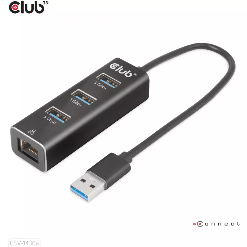 Hub USB CLUB3D USB 3.2 Gen1 Type-A con 3 puertos y Gigabit Ethernet