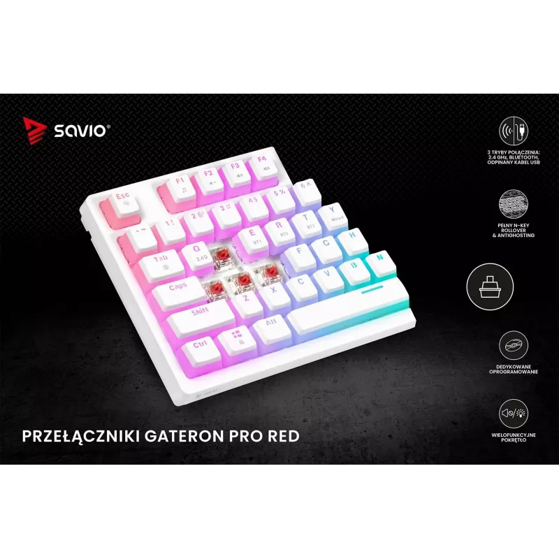 Teclado gaming Savio Phenix WHITE GAT RED PUD con cable inalámbrico USB Bluetooth RGB LED