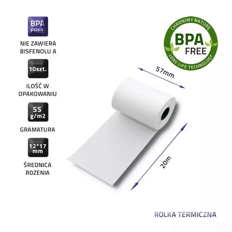 Qoltec 51896 rollo de papel térmico 57 x 20, 55 g/m², sin BPA, 10 uds.