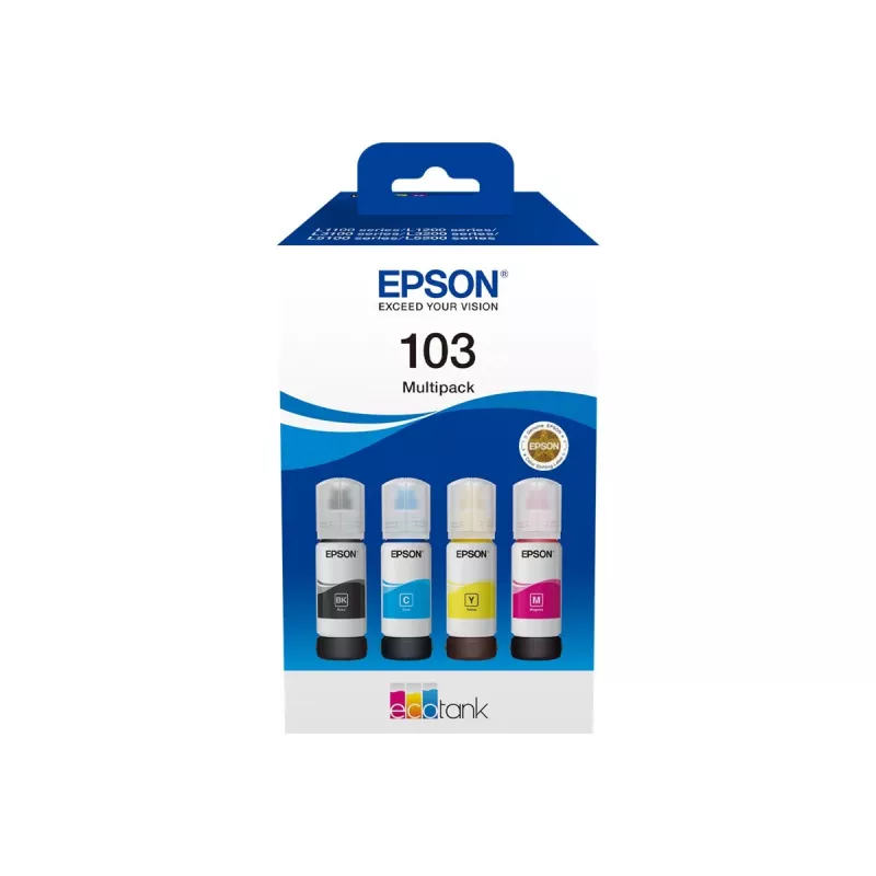 Set de cartuchos de tinta Epson EcoTank 103 — set original de 4 colores (negro, cian, magenta, amarillo), negro 4500 pág., color 7500 pág.