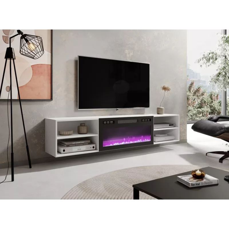 Mueble TV cama meble POLO 180x33x39 cm con chimenea eléctrica 1400–1600 W, laminado, blanco/negro
