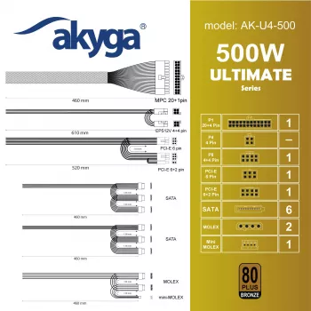 Akyga Ultimate AK-U4-500 fuente de alimentación ATX 500 W, 80 PLUS Bronze, PFC activo, ventilador de 120 mm