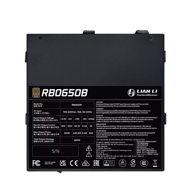 Fuente de alimentación Lian Li RB0650B.B 650 W ATX 24 pines, 80 PLUS Bronze, ventilador de 135 mm, negro