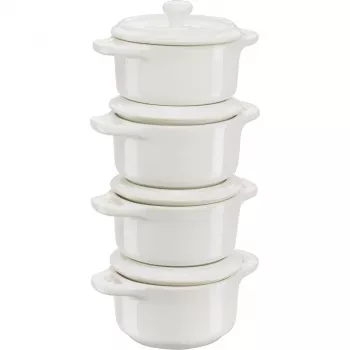 Set de 4 mini cocottes redondas de cerámica, blanco marfil (1009383)