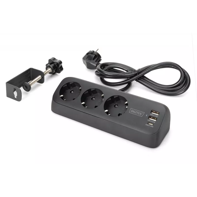 Regleta de enchufes DIGITUS 3 tomas con 2×USB-A y 1×USB-C, 3 tomas AC tipo E/F, cable de 1,5 m, negra