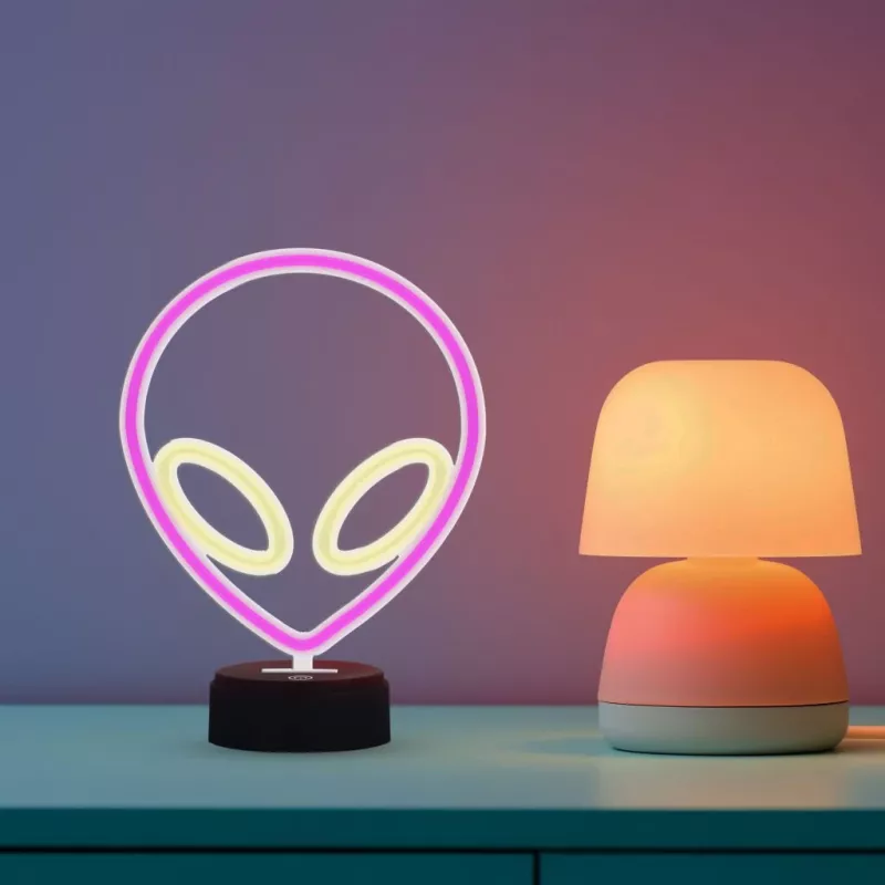 Lámpara de mesa MANTA SNL86PK Style Neon Lights UFO rosa – lámpara de neón decorativa en rosa