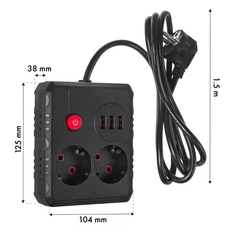 Regleta MACLEAN MCE387 B — 2 tomas de corriente, 3×USB A, 110–240 V, cable de 1,5 m, máx. 2500 W