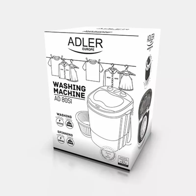 Adler AD 8051 lavadora de carga superior 3 kg con centrifugado, semiautomática, anchura 38 cm, profundidad 37 cm, blanco/azul