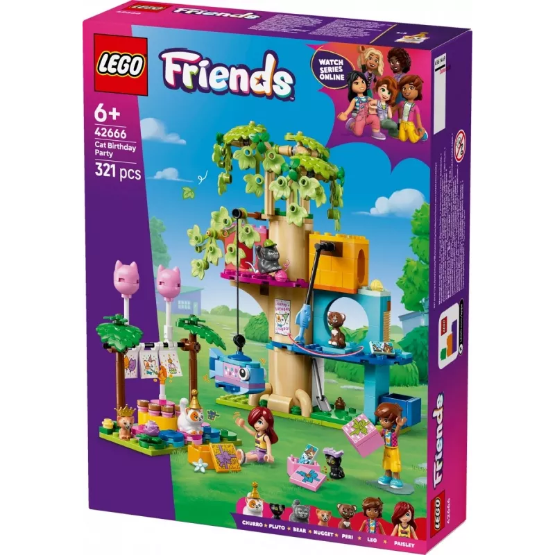 Juguete de construcción LEGO Friends 42666 set de juego casa del árbol fiesta de cumpleaños de gatos, 321 piezas, 6+ años, 180×160×100 mm