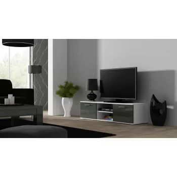 Soporte de TV cama meble SOHO 140 — 1400×430×370 mm, parte superior blanca, tablero de partículas, marco blanco, blanco/gris brillante