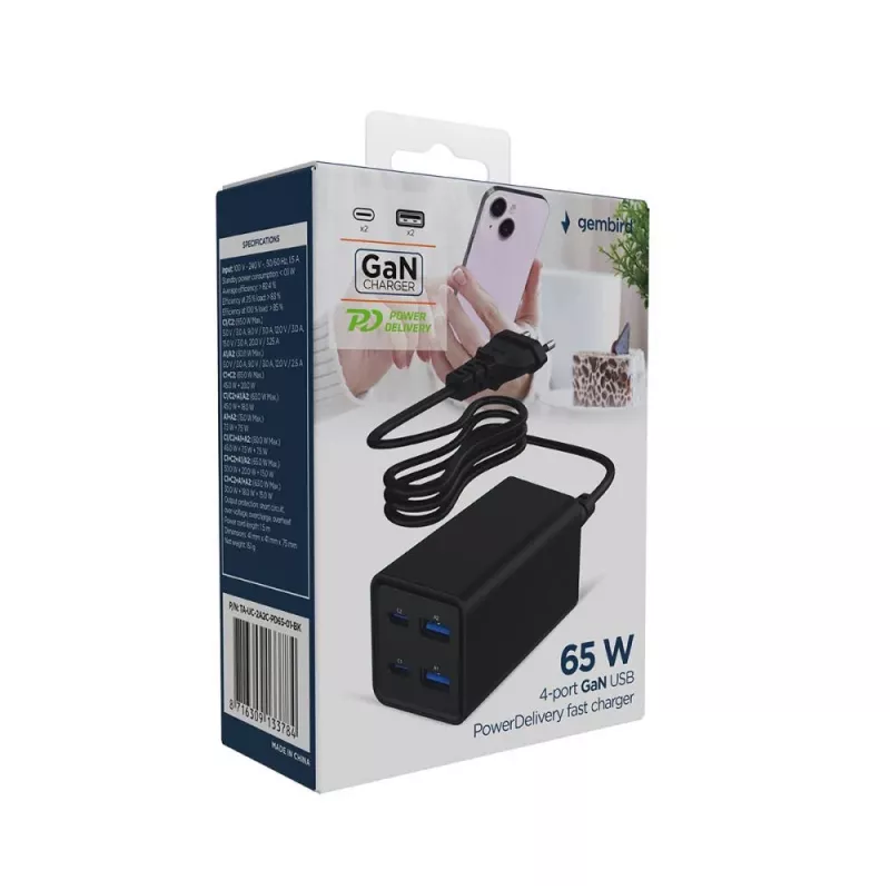 Gembird TA-UC-2A2C-PD65-01-BK Cargador para dispositivos móviles portátil, smartphone Negro AC carga rápida interior