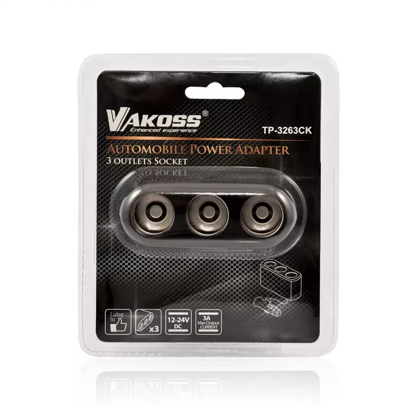 Adaptador divisor para mechero de coche VAKOSS TP-3263CK — adaptador de corriente 1 a 3 12V, salida 3A, negro