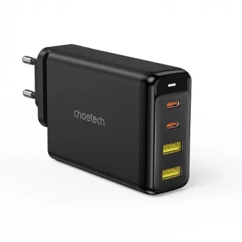 Cargador CHOETECH GaN 140W de 4 puertos — 2x USB-C, 2x USB, negro (PD6005)