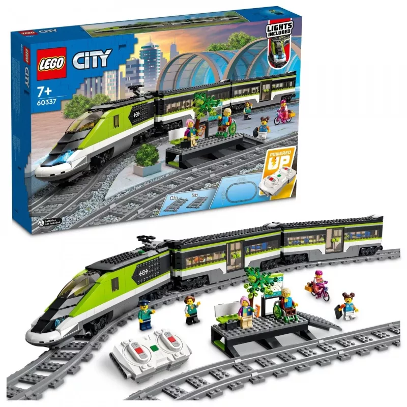 LEGO 60337 City Express Tren de pasajeros Set juguete teledirigido regalo para niños y niñas con faros funcionales 2 vagones y 24 piezas de vía