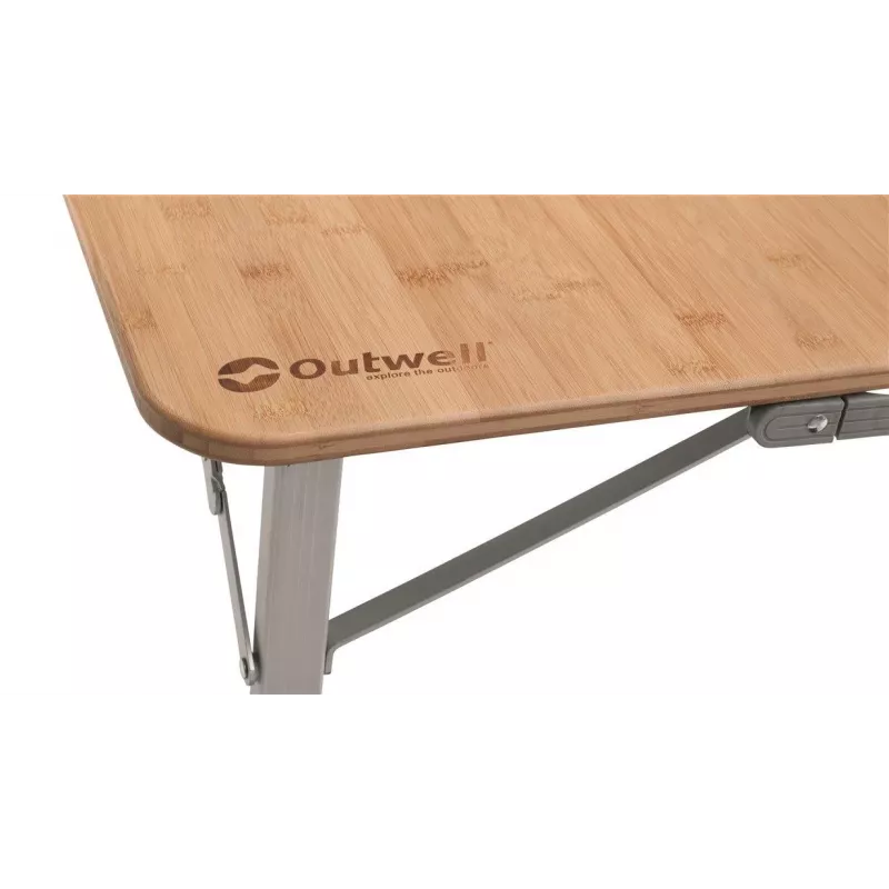 Mesa de camping Outwell Custer L Brown — tablero de bambú, estructura de aluminio, 700×1200 mm, 11,5 kg