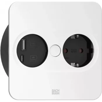 Bachmann TWIST 2 Tapa metálica, cuadrada, lacada en plata mate, 1x toma UTE France negra con protección infantil elevada, 1x cargador USB A/C 22W, cable de conexión 0,2 m H05VV-F3G