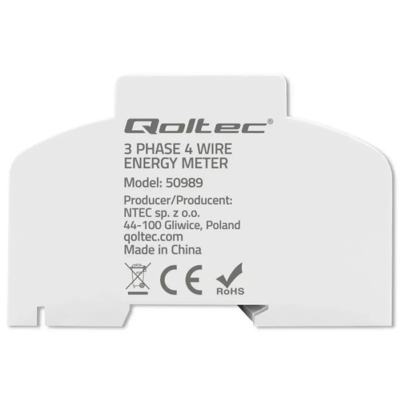 Contador electrónico bidireccional trifásico Qoltec | Contador de consumo eléctrico para carril DIN | 400V | 100A | LCD | 4P