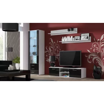 Soporte de TV cama meble SOHO 140 – 1400×430×370 mm, parte superior blanca, tablero de partículas, marco blanco, frentes negro brillante