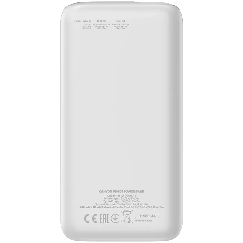 CANYON Batería externa PB-301 LED 30000 mAh PD 20W QC 3.0 Blanca