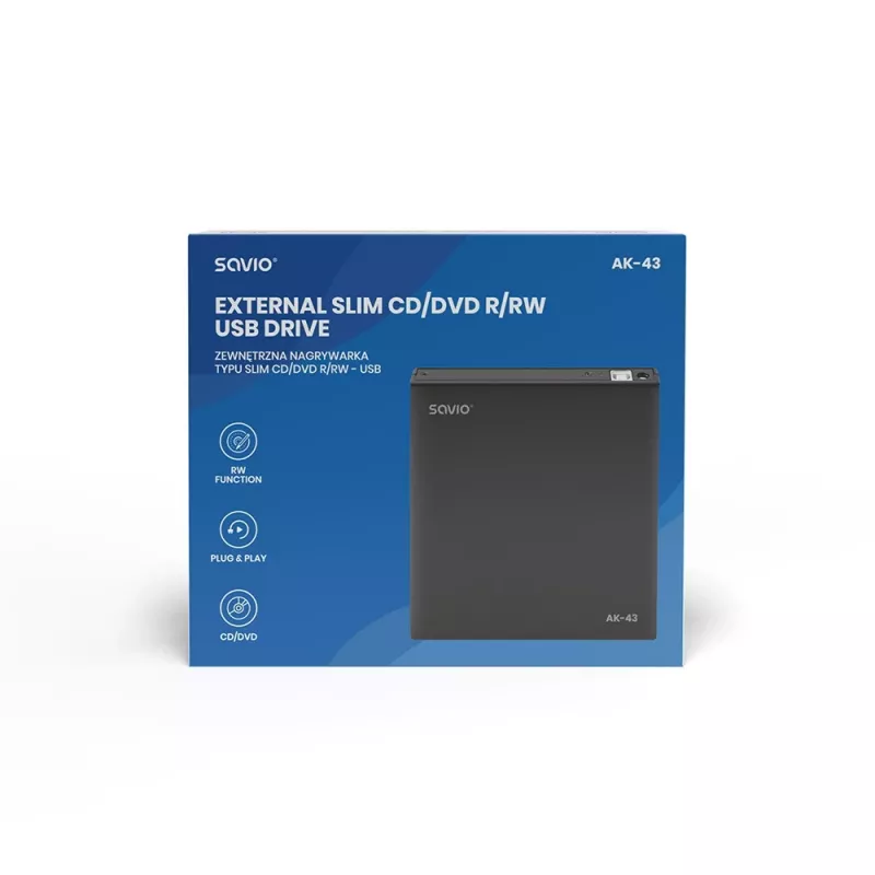 Unidad externa DVD±RW slim SAVIO AK-43, USB 2.0, negra, compatible con lectura/escritura de CD/DVD (24x CD, 8x DVD)