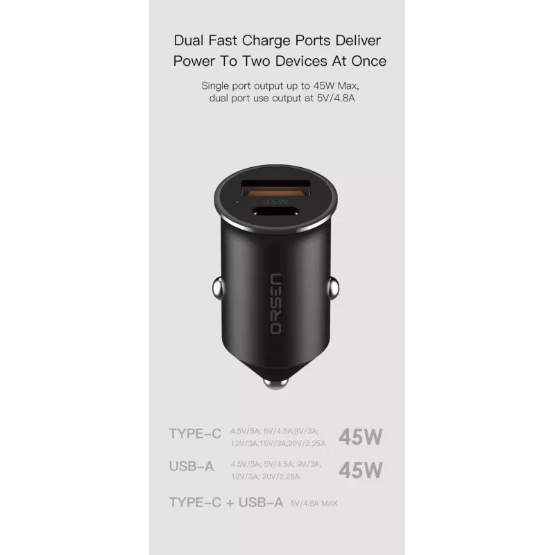 Cargador de coche Orsen C8 45W — 45W USB-C PD carga rápida, negro