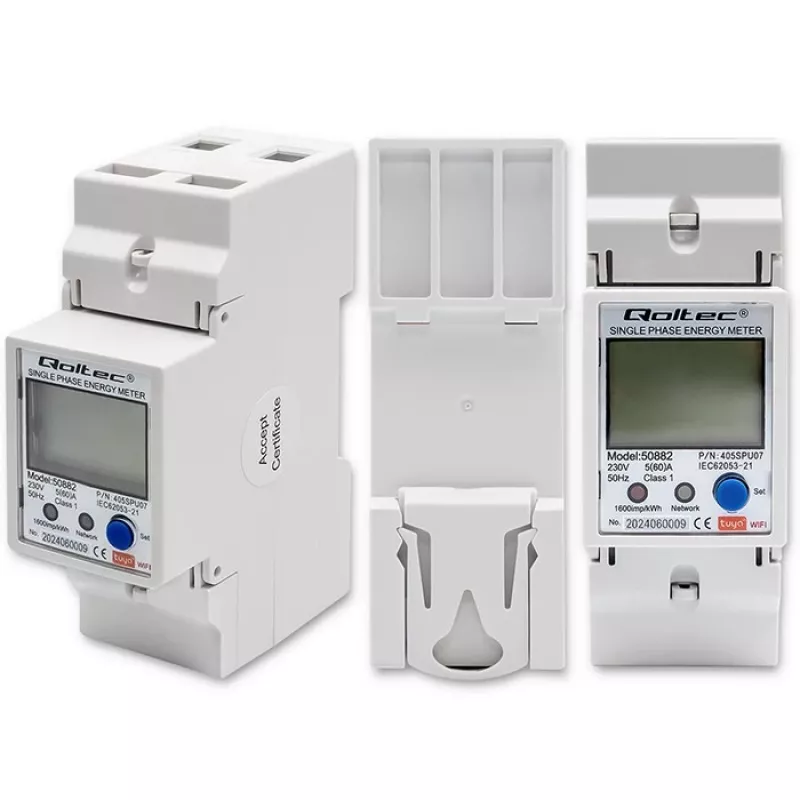 Qoltec 50882 Contador electrónico monofásico de consumo de energía para carril DIN | Wi-Fi | TUYA | 230V | LCD